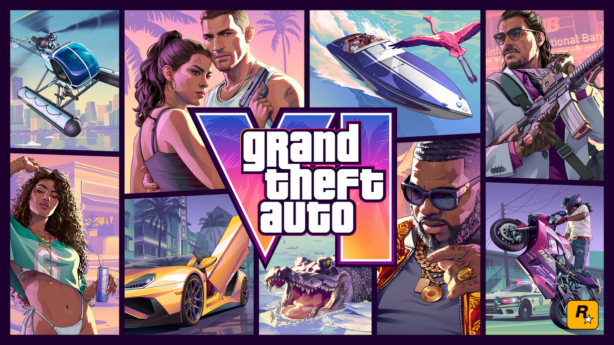 Grand Theft Auto VI official cover art showing Jason, Lucia and Vice City characters