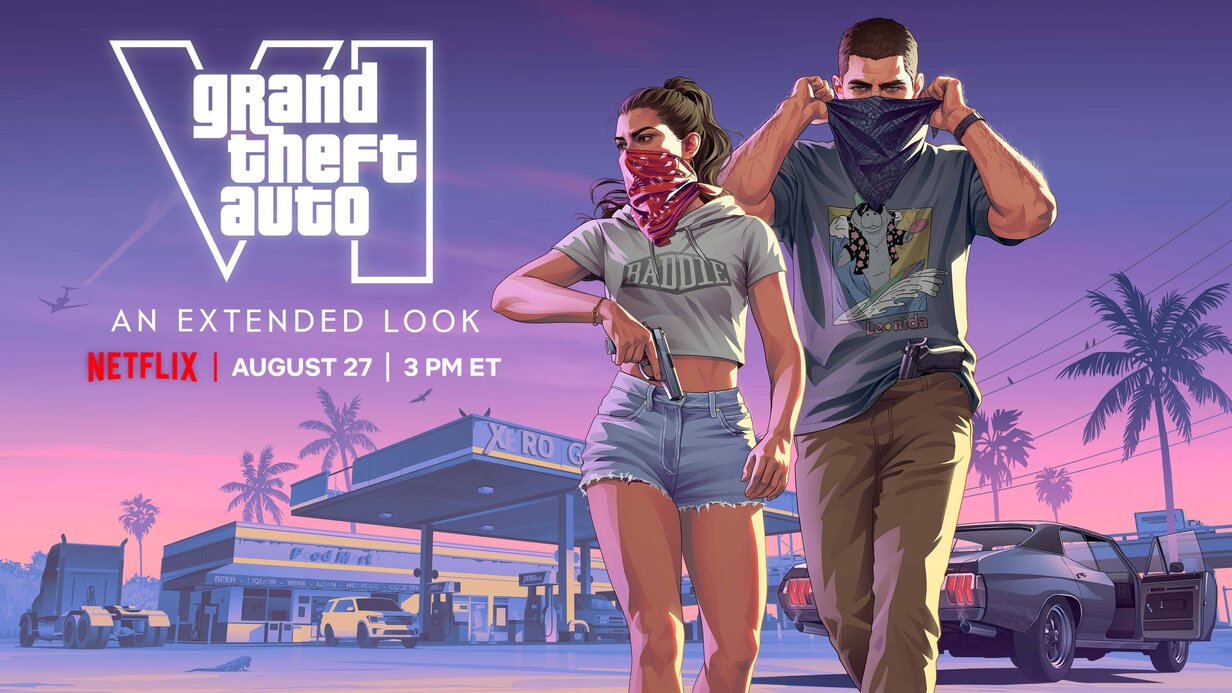 Jason and Lucia in bandanas outside a gas station, key art for GTA VI: An Extended Look